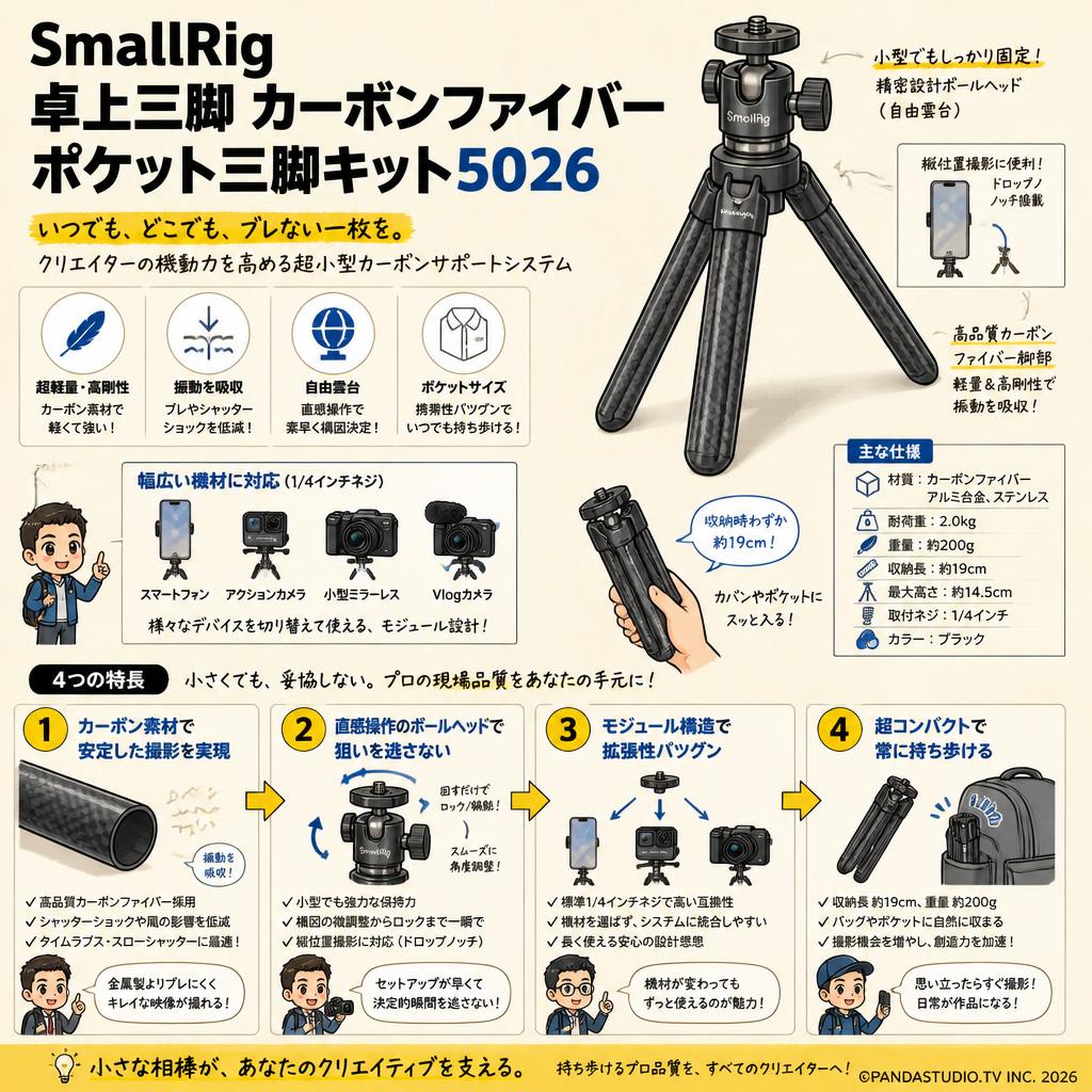 SmallRig 卓上三脚 カーボンファイバー ポケット三脚キット5026 概要
