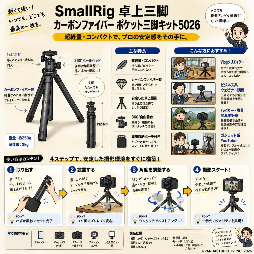 SmallRig 卓上三脚 カーボンファイバー ポケット三脚キット5026 おもな対象のお客様