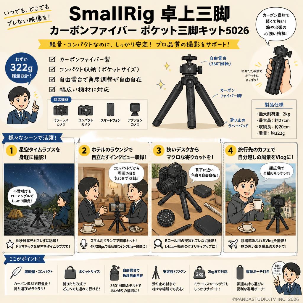 SmallRig 卓上三脚 カーボンファイバー ポケット三脚キット5026 用途