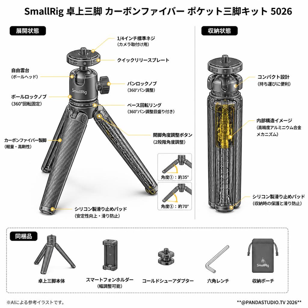 SmallRig 卓上三脚 カーボンファイバー ポケット三脚キット5026 スペック