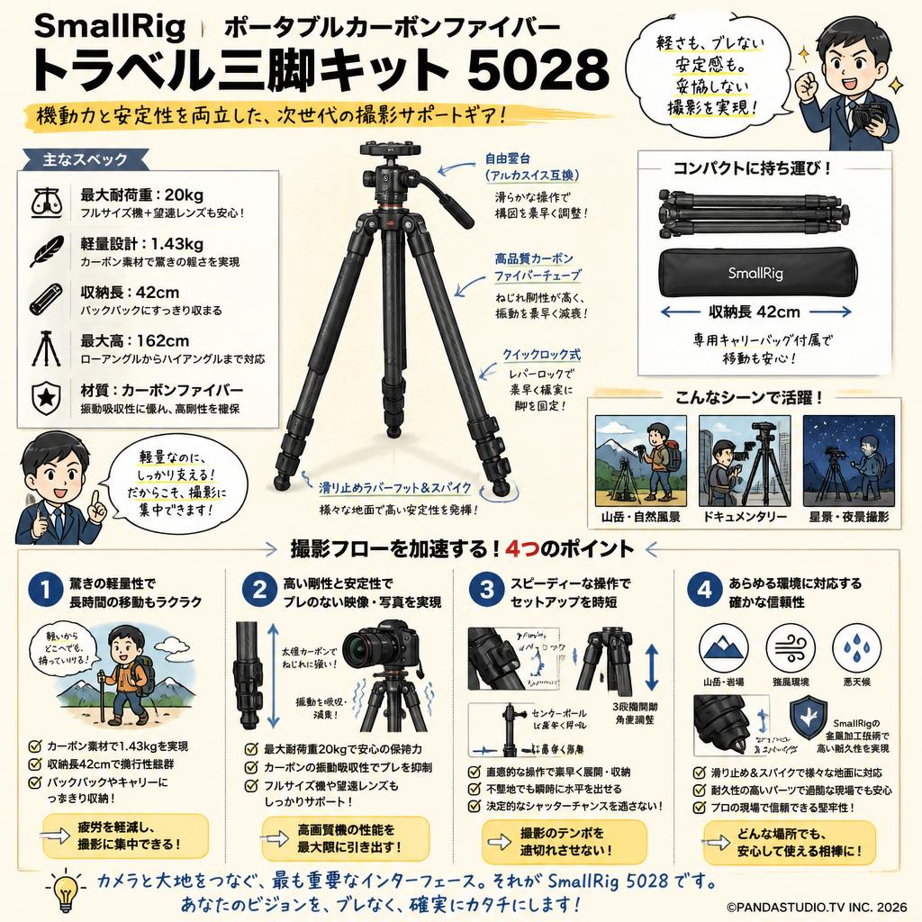 SmallRig ポータブルカーボンファイバートラベル三脚キット 5028 概要