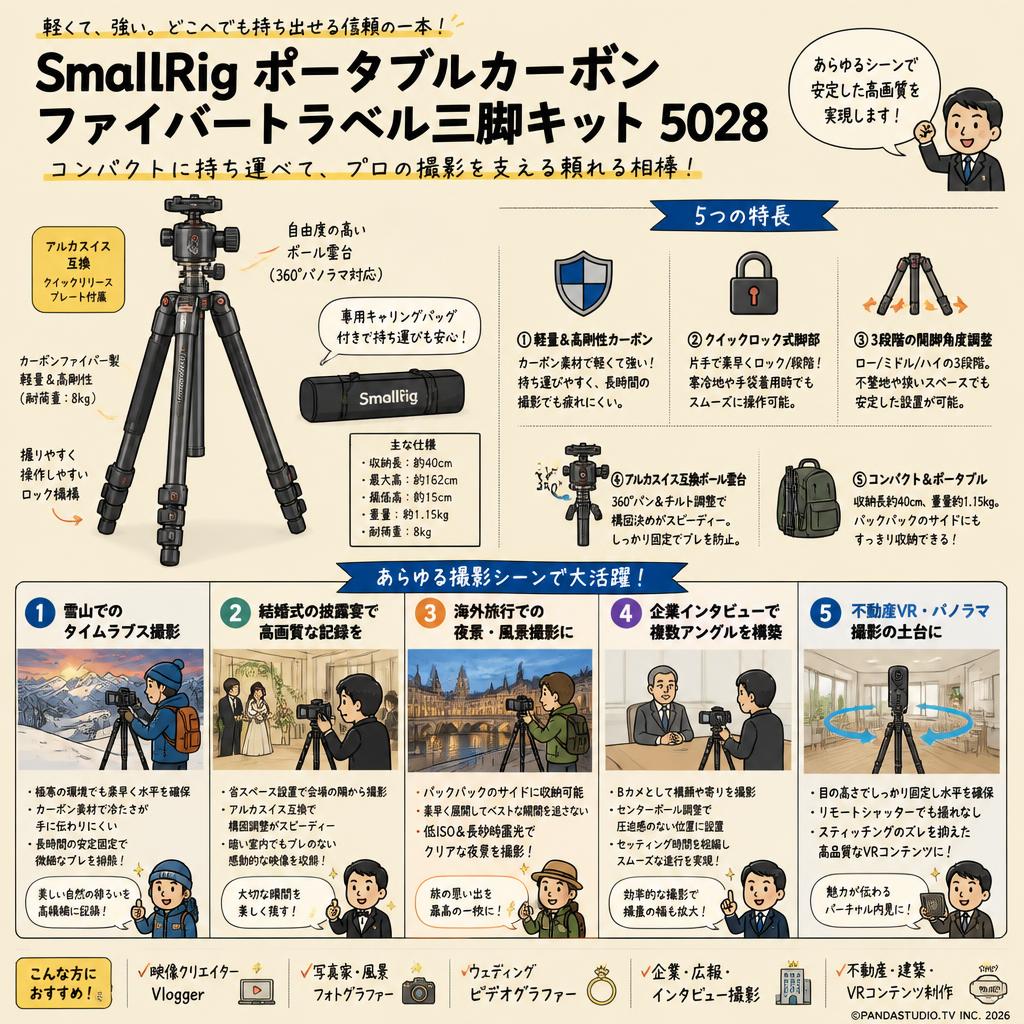 SmallRig ポータブルカーボンファイバートラベル三脚キット 5028 用途
