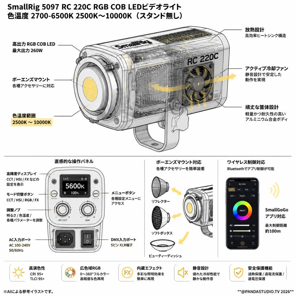SmallRig 5097 RC 220C RGB COB LEDビデオライト色温度 2700-6500K 2500K～10000K （スタンド無し） スペック