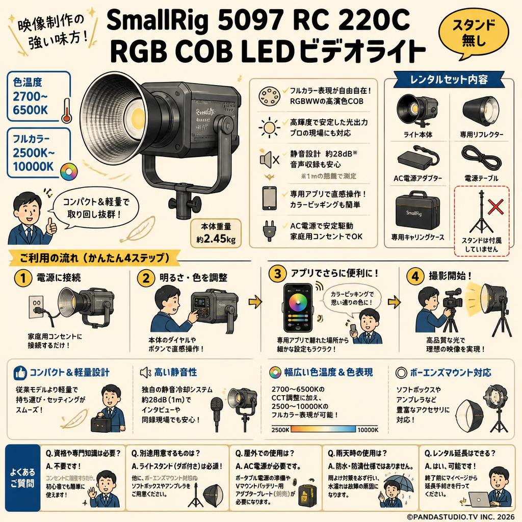 SmallRig 5097 RC 220C RGB COB LEDビデオライト色温度 2700-6500K 2500K～10000K （スタンド無し） FAQ（よくある質問と答え）