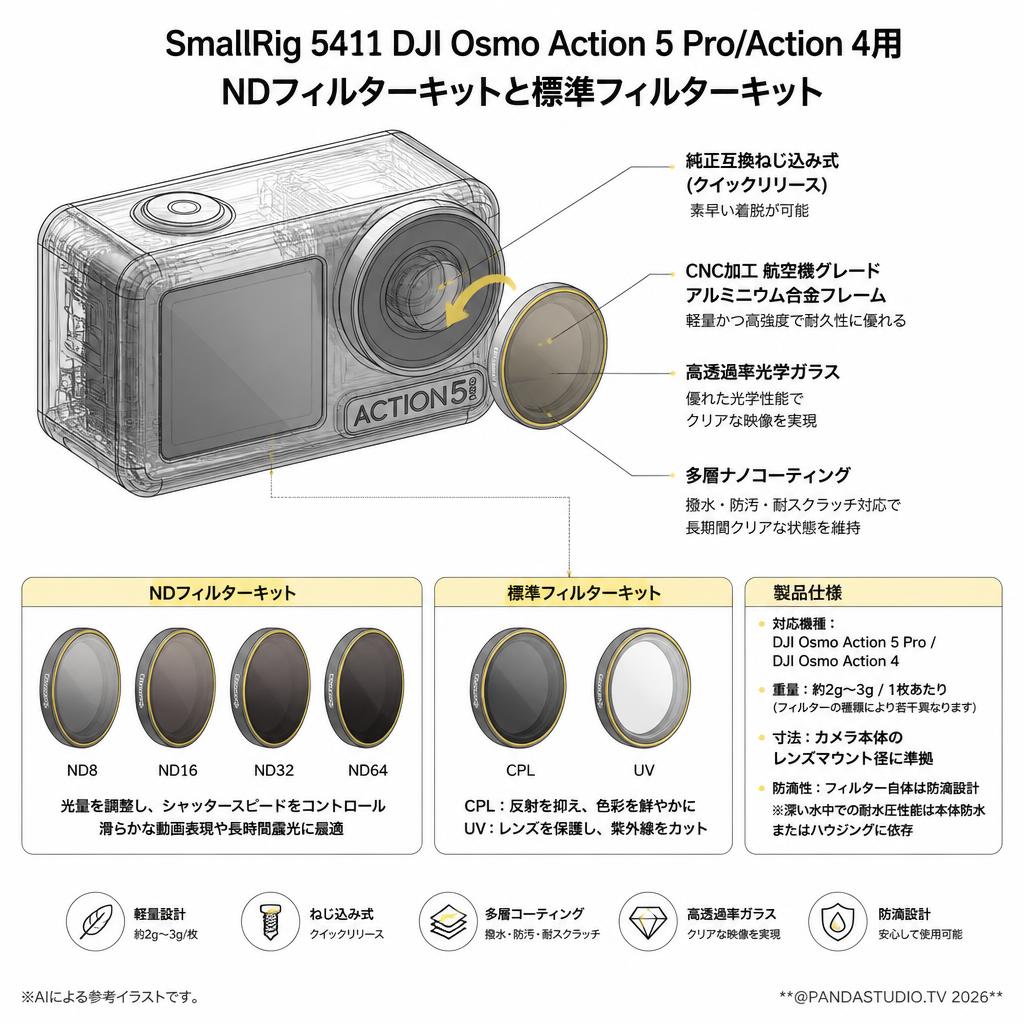 SmallRig 5411 DJI Osmo Action  5 Pro/Action 4用 NDフィルターキットと標準フィルターキット スペック