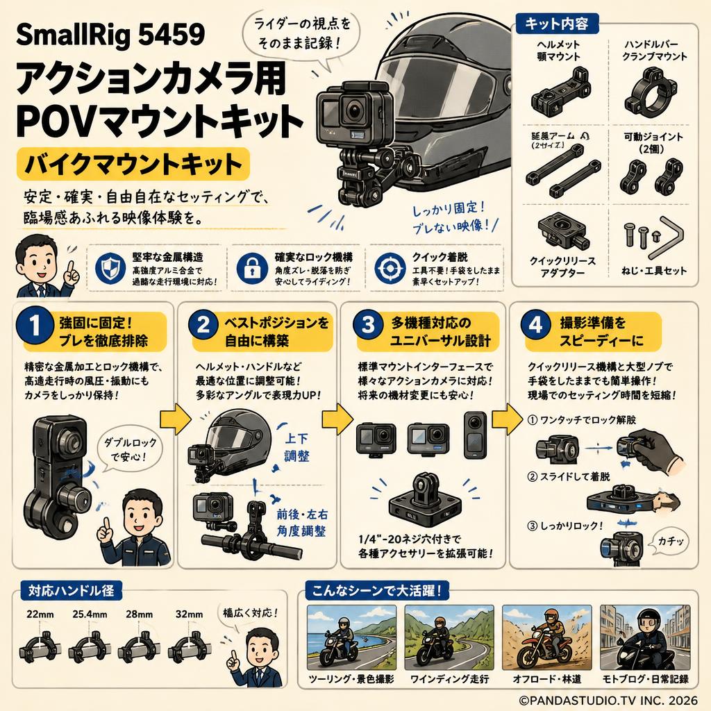 SmallRig 5459 アクションカメラ用 POVマウントキット バイクマウントキット 概要