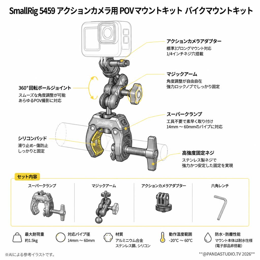 SmallRig 5459 アクションカメラ用 POVマウントキット バイクマウントキット スペック