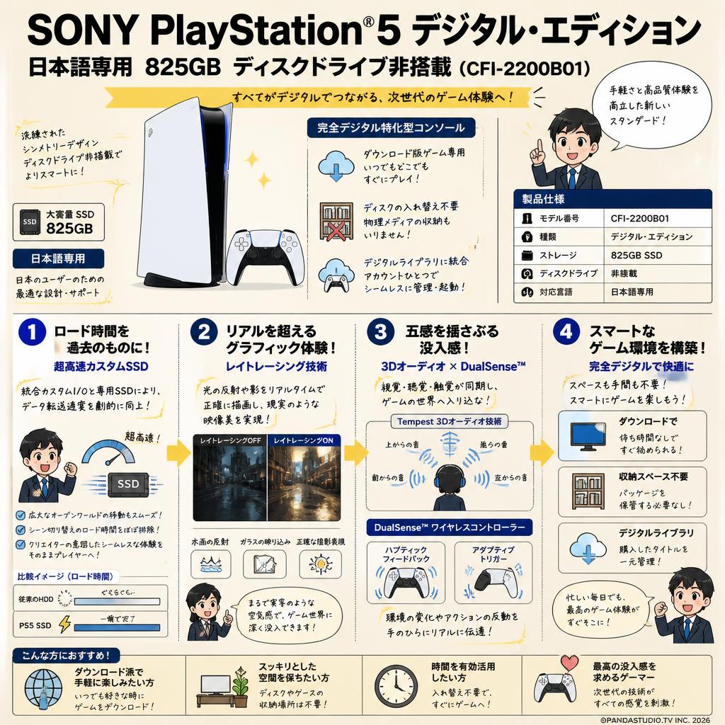 SONY PlayStation 5 デジタル・エディション 日本語専用  825GB ディスクドライブ非搭載 (CFI-2200B01) 概要