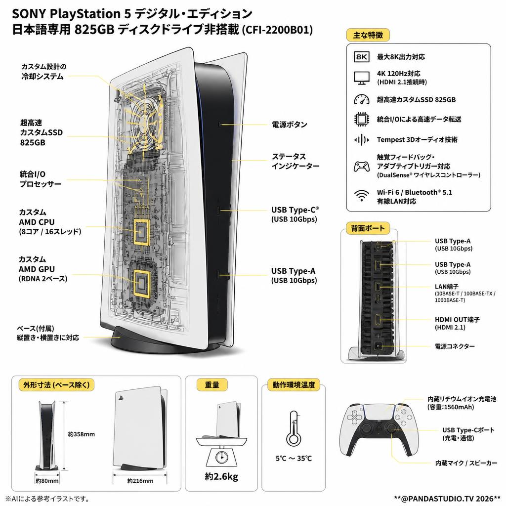 SONY PlayStation 5 デジタル・エディション 日本語専用  825GB ディスクドライブ非搭載 (CFI-2200B01) スペック