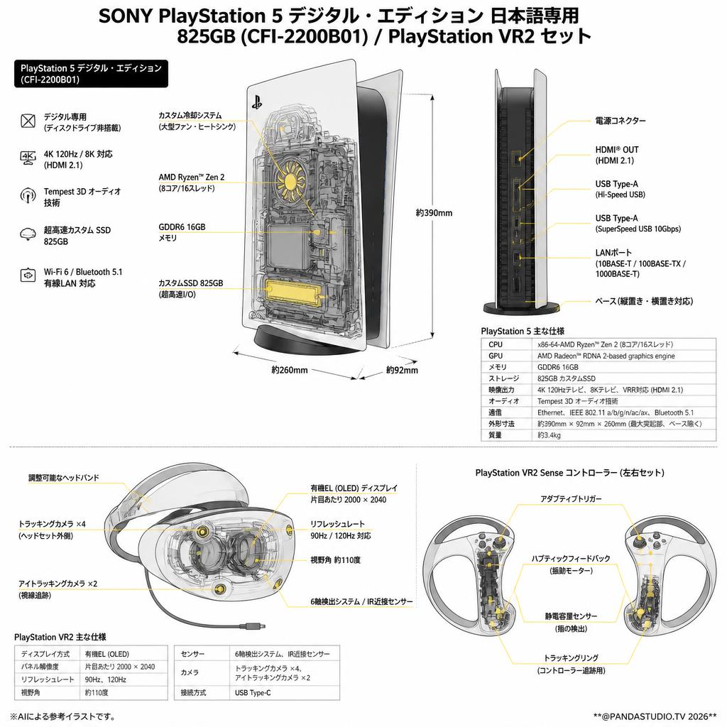 SONY PlayStation 5 デジタル・エディション 日本語専用  825GB (CFI-2200B01) / PlayStation VR2 セット スペック