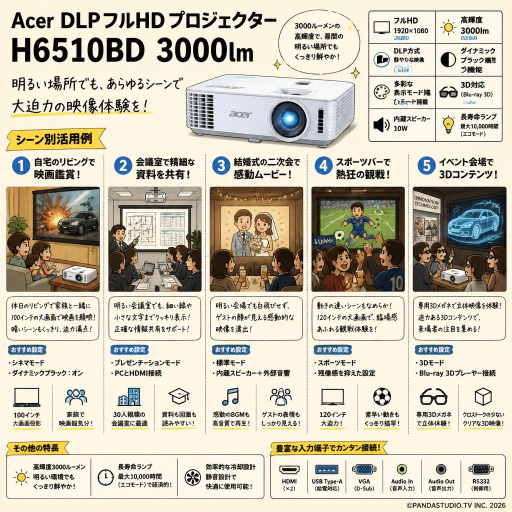 Acer DLPフルHDプロジェクター H6510BD 3000lm 用途