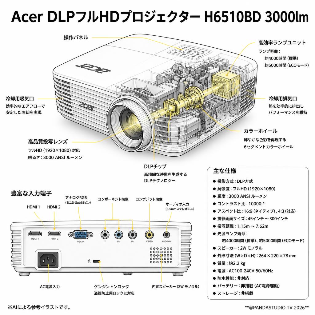Acer DLPフルHDプロジェクター H6510BD 3000lm スペック