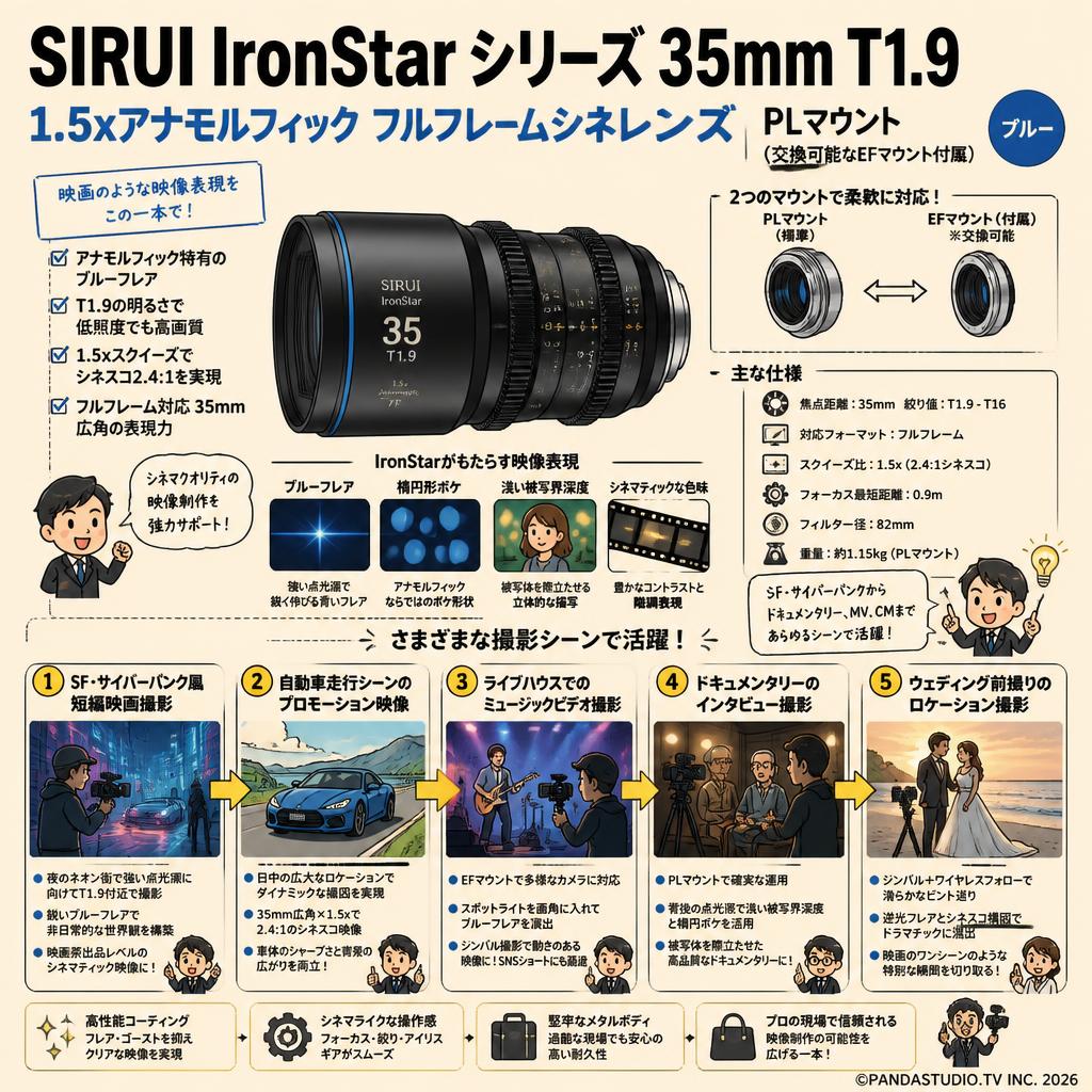 SIRUI IronStar シリーズ 35mm T1.9 1.5xアナモルフィック フルフレームシネレンズ PLマウント （交換可能なEFマウント付属） ブルー 用途