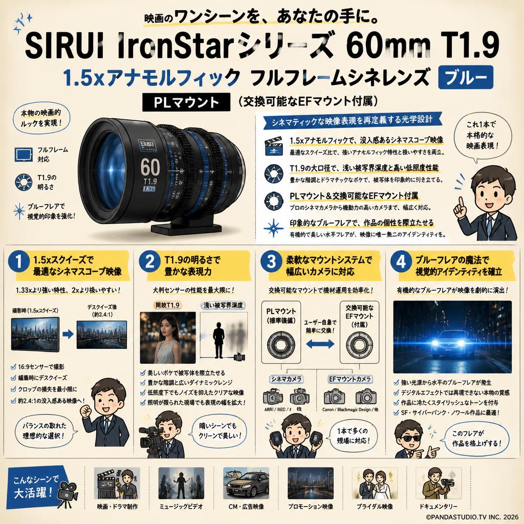 SIRUI IronStar シリーズ 60mm T1.9 1.5xアナモルフィック フルフレームシネレンズ PLマウント （交換可能なEFマウント付属） ブルー 概要