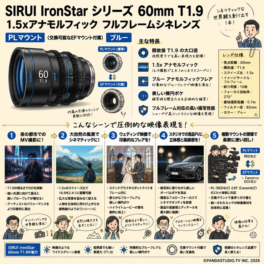 SIRUI IronStar シリーズ 60mm T1.9 1.5xアナモルフィック フルフレームシネレンズ PLマウント （交換可能なEFマウント付属） ブルー 用途