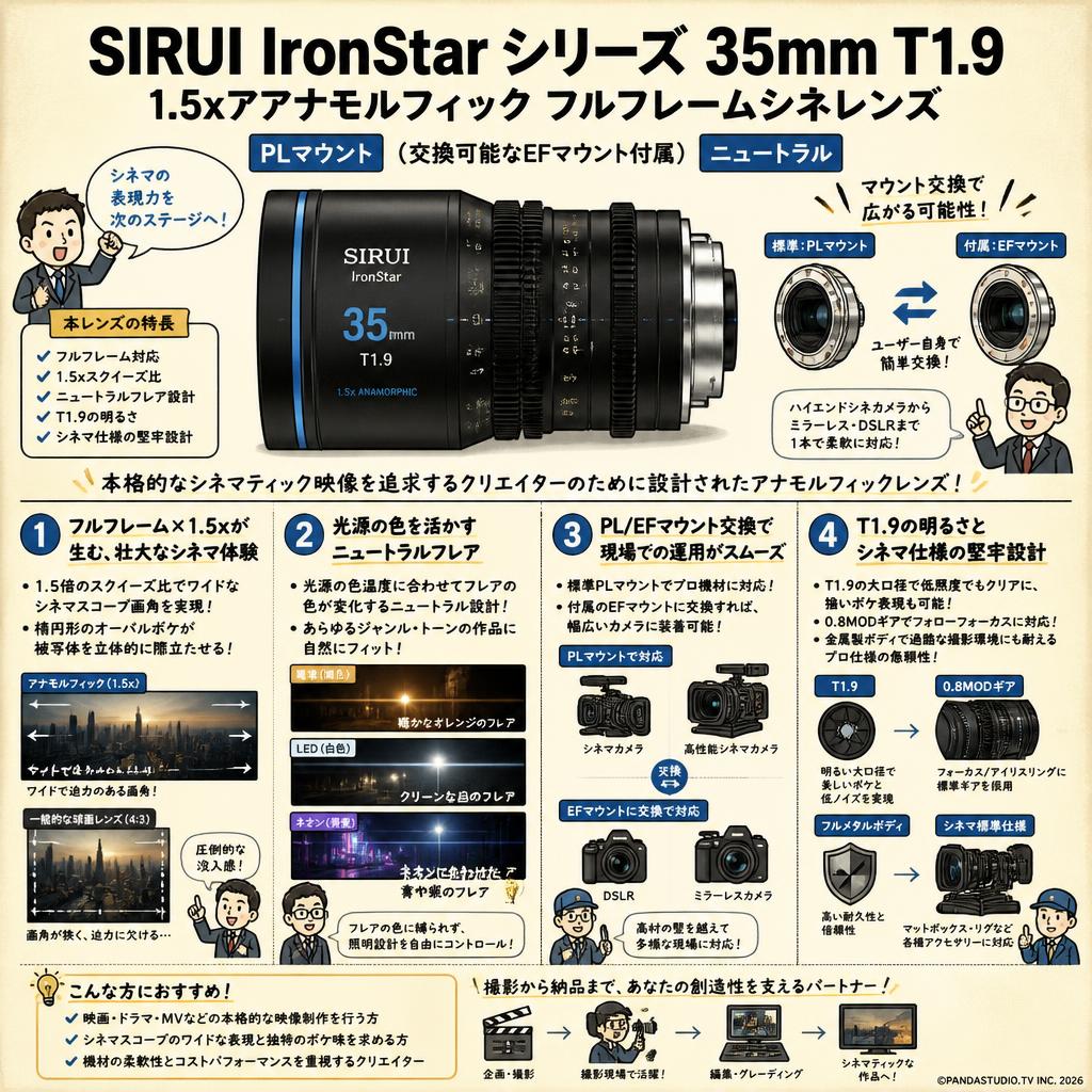SIRUI IronStar シリーズ 35mm T1.9 1.5xアナモルフィック フルフレームシネレンズ PLマウント （交換可能なEFマウント付属） ニュートラル 概要