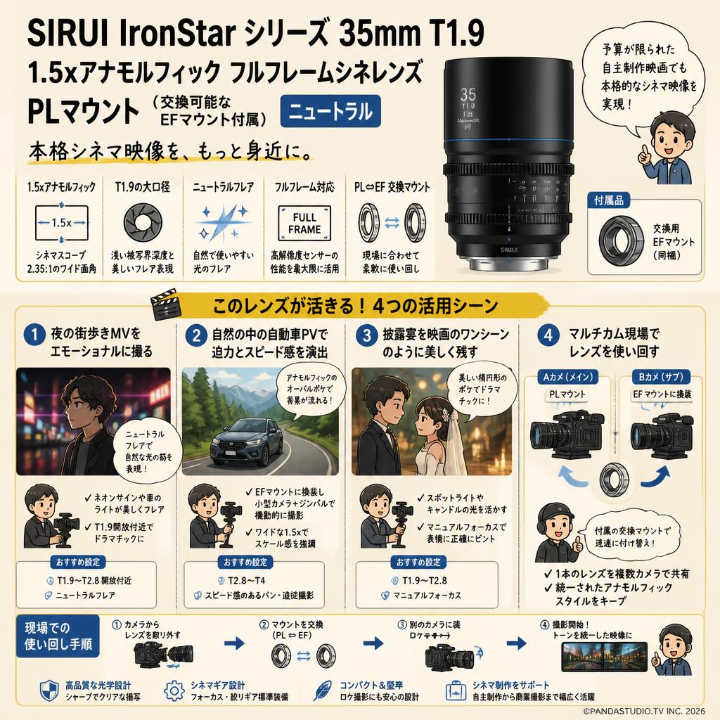 SIRUI IronStar シリーズ 35mm T1.9 1.5xアナモルフィック フルフレームシネレンズ PLマウント （交換可能なEFマウント付属） ニュートラル 用途