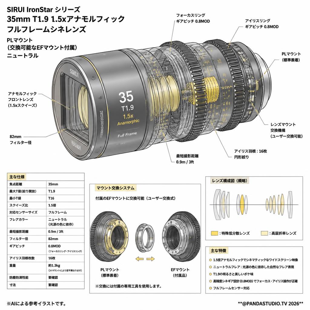 SIRUI IronStar シリーズ 35mm T1.9 1.5xアナモルフィック フルフレームシネレンズ PLマウント （交換可能なEFマウント付属） ニュートラル スペック