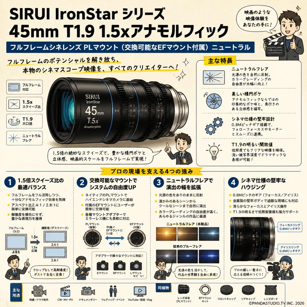 SIRUI IronStar シリーズ 45mm T1.9 1.5xアナモルフィック フルフレームシネレンズ PLマウント （交換可能なEFマウント付属） ニュートラル 概要