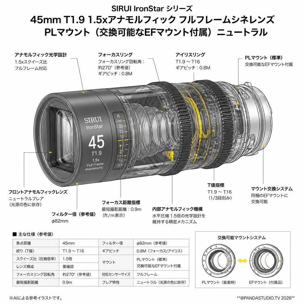 SIRUI IronStar シリーズ 45mm T1.9 1.5xアナモルフィック フルフレームシネレンズ PLマウント （交換可能なEFマウント付属） ニュートラル スペック