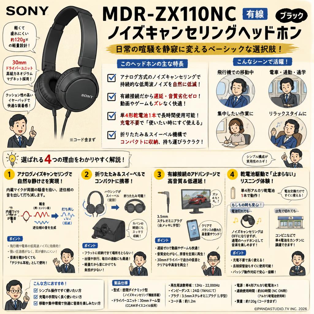 SONY MDR-ZX110NC 有線 ノイズキャンセリングヘッドホン ブラック 概要