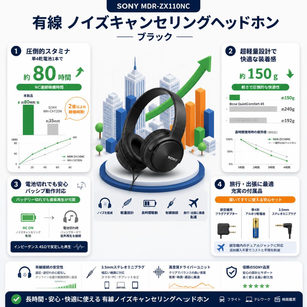SONY MDR-ZX110NC 有線 ノイズキャンセリングヘッドホン ブラック セールスポイント