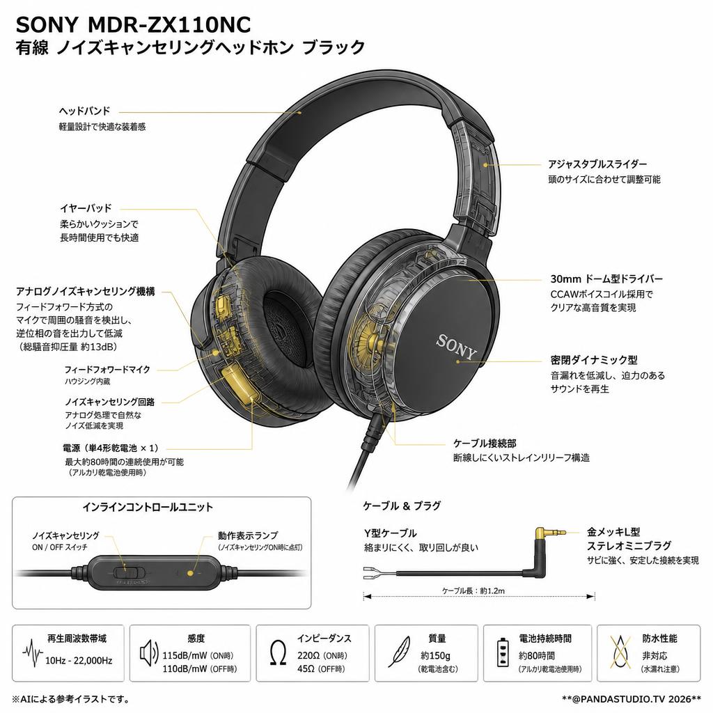 SONY MDR-ZX110NC 有線 ノイズキャンセリングヘッドホン ブラック スペック