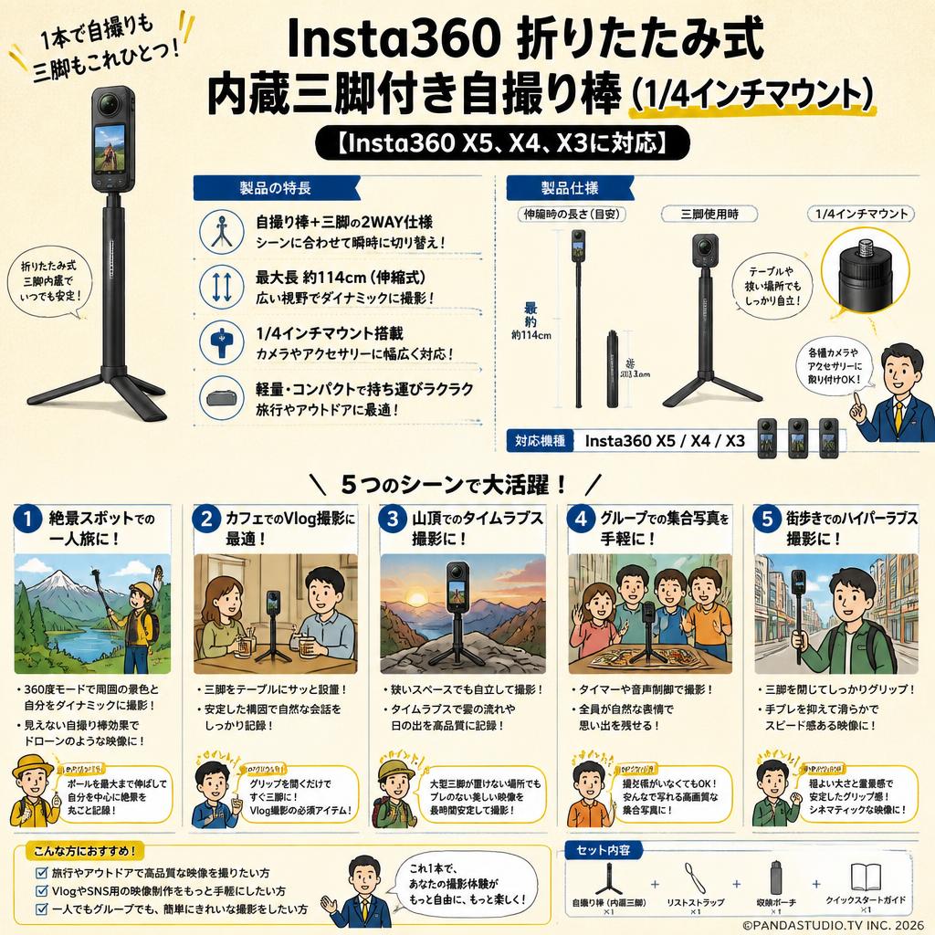 Insta360 折りたたみ式内蔵三脚付き自撮り棒（1/4インチマウント）【Insta360 X5、X4、X3に対応】 用途