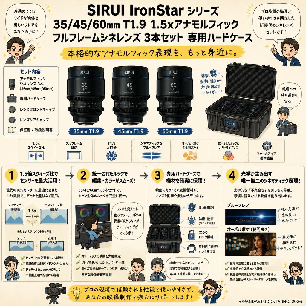 SIRUI IronStar シリーズ 35/45/60mm T1.9 1.5xアナモルフィック フルフレームシネレンズ 3本セット 専用ハードケース 概要