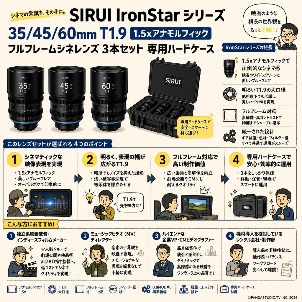 SIRUI IronStar シリーズ 35/45/60mm T1.9 1.5xアナモルフィック フルフレームシネレンズ 3本セット 専用ハードケース おもな対象のお客様
