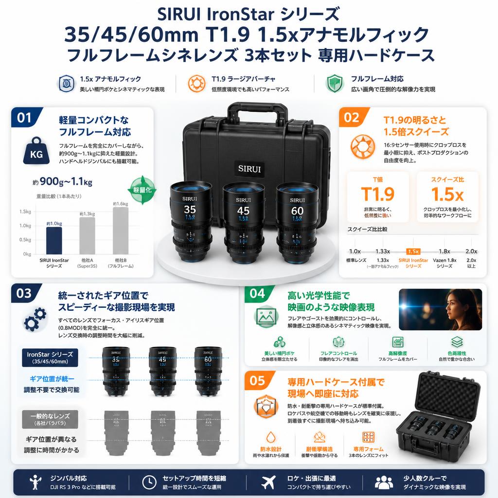 SIRUI IronStar シリーズ 35/45/60mm T1.9 1.5xアナモルフィック フルフレームシネレンズ 3本セット 専用ハードケース セールスポイント