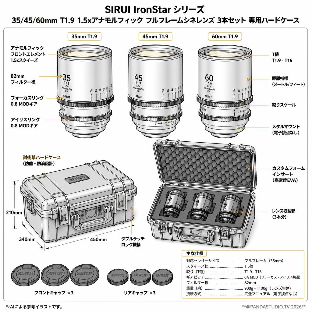 SIRUI IronStar シリーズ 35/45/60mm T1.9 1.5xアナモルフィック フルフレームシネレンズ 3本セット 専用ハードケース スペック