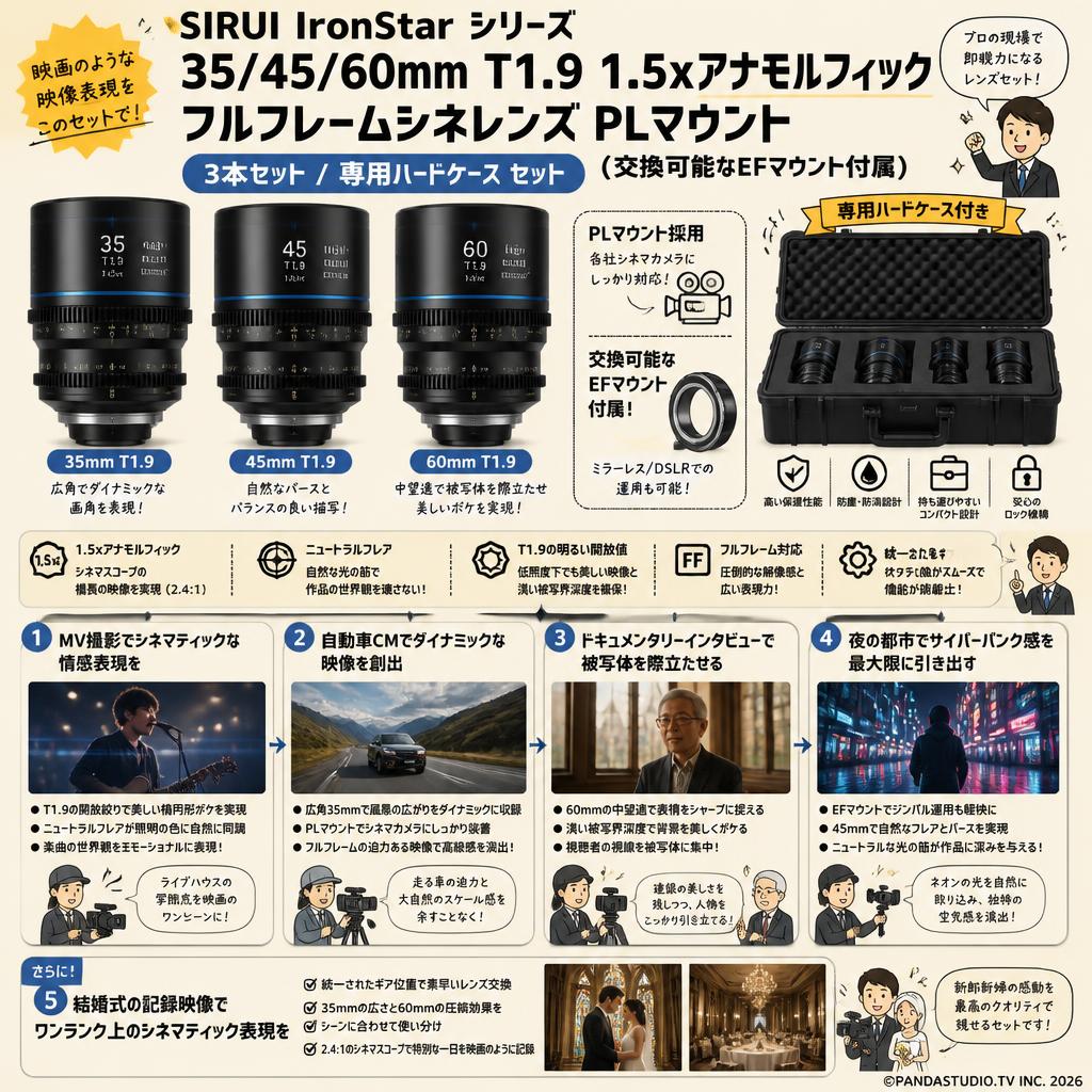 SIRUI IronStar シリーズ 35/45/60mm T1.9 1.5xアナモルフィック フルフレームシネレンズ PLマウント （交換可能なEFマウント付属） 3本セット / 専用ハードケース セット ニュートラル 用途
