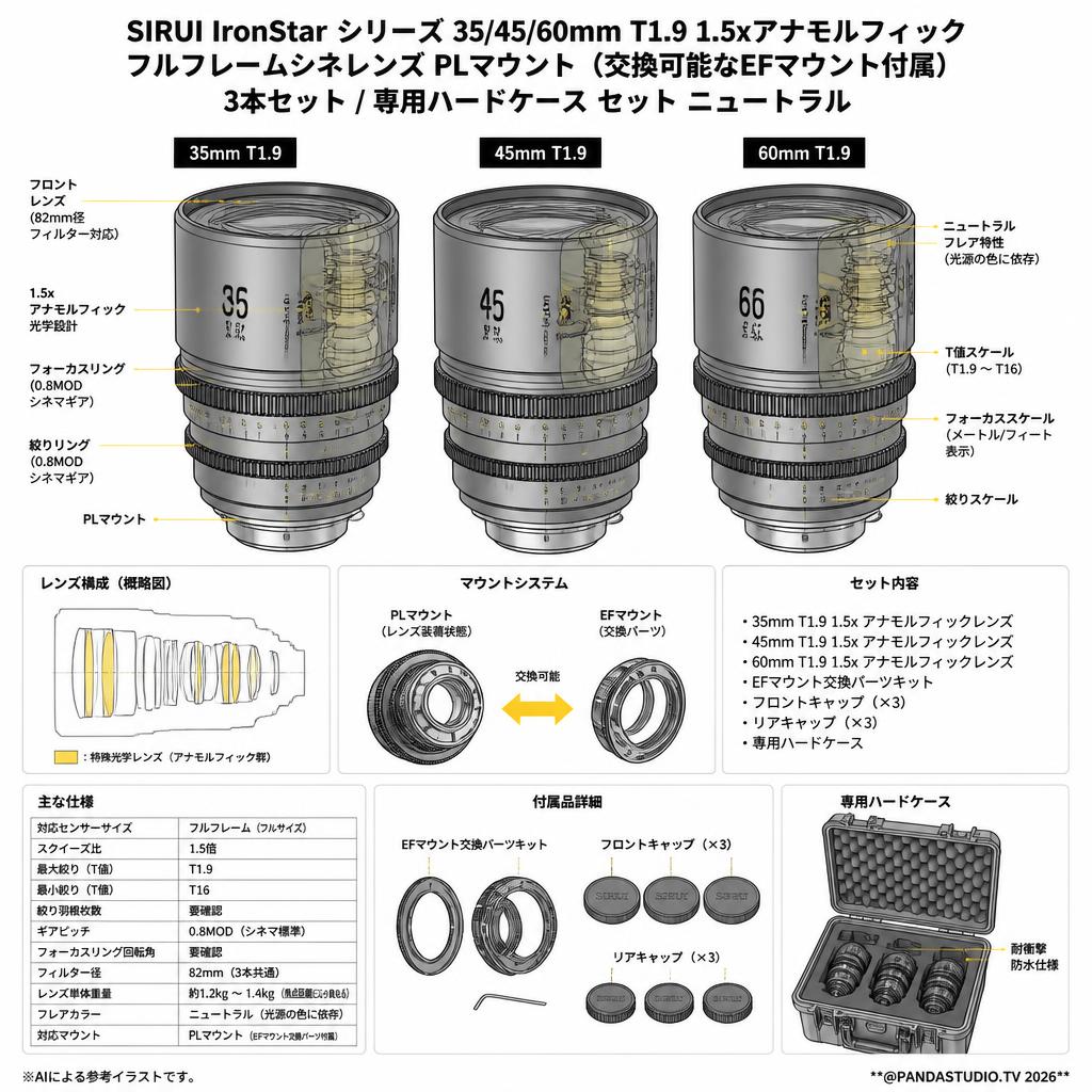 SIRUI IronStar シリーズ 35/45/60mm T1.9 1.5xアナモルフィック フルフレームシネレンズ PLマウント （交換可能なEFマウント付属） 3本セット / 専用ハードケース セット ニュートラル スペック