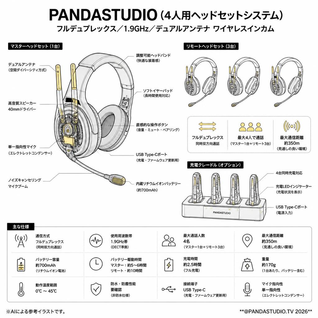 PANDASTUDIO (4人用ヘッドセットシステム) フルデュプレックス／1.9GHz／デュアルアンテナ ワイヤレスインカム スペック