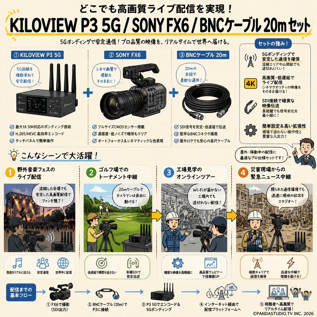 KILOVIEW P3 5G / SONY FX6 / BNCケーブル 20m セット 用途