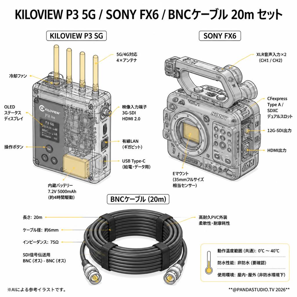 KILOVIEW P3 5G / SONY FX6 / BNCケーブル 20m セット スペック