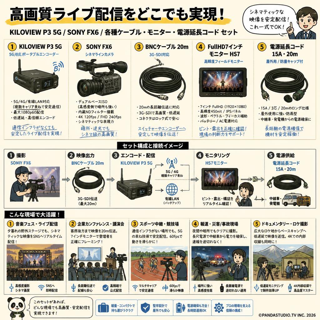 KILOVIEW P3 5G / SONY FX6 / BNCケーブル 20m / FullHD7インチモニターHS7 / 電源延長コード 15A・20m セット 用途
