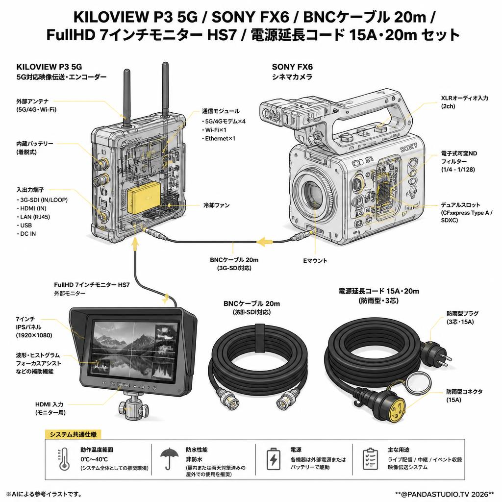 KILOVIEW P3 5G / SONY FX6 / BNCケーブル 20m / FullHD7インチモニターHS7 / 電源延長コード 15A・20m セット スペック