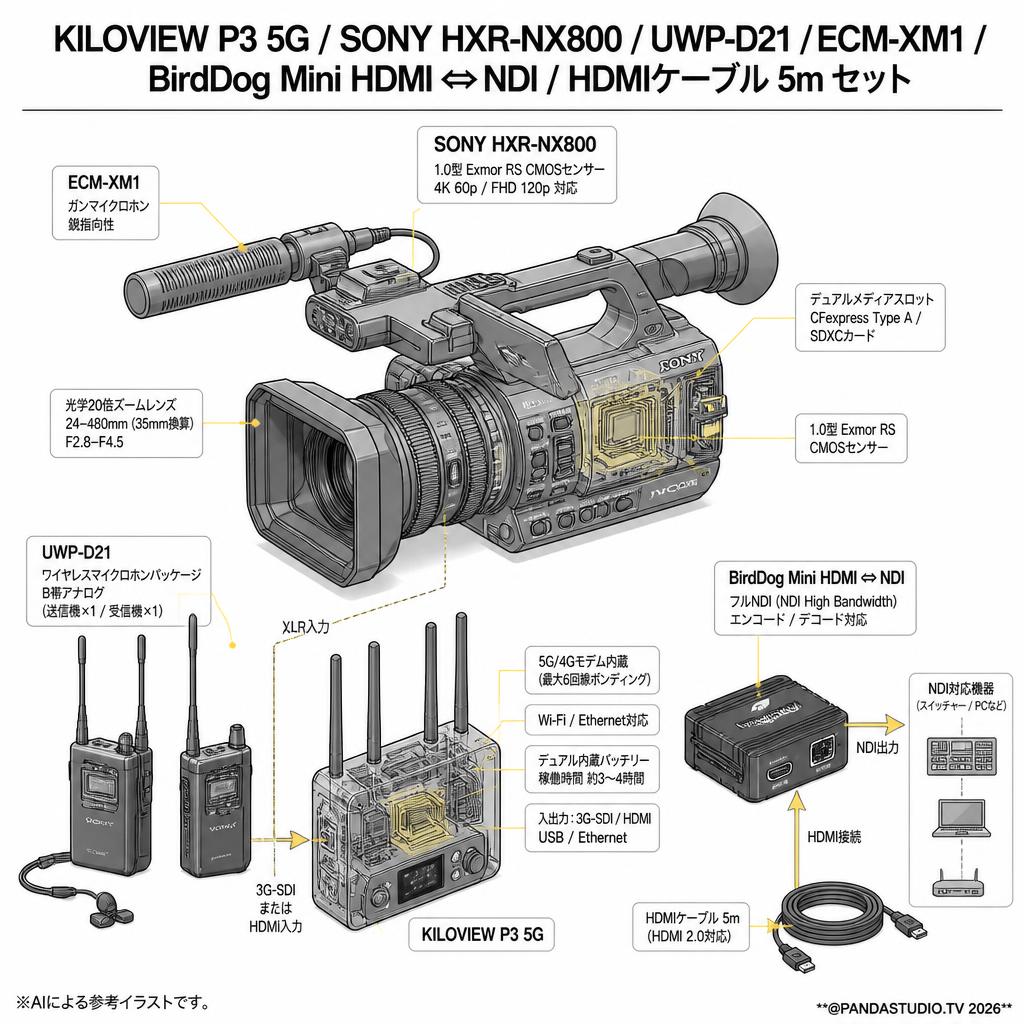 KILOVIEW P3 5G / SONY HXR-NX800 / UWP-D21 / ECM-XM1 / BirdDog Mini HDMI ⇔ NDI / HDMIケーブル 5m セット スペック