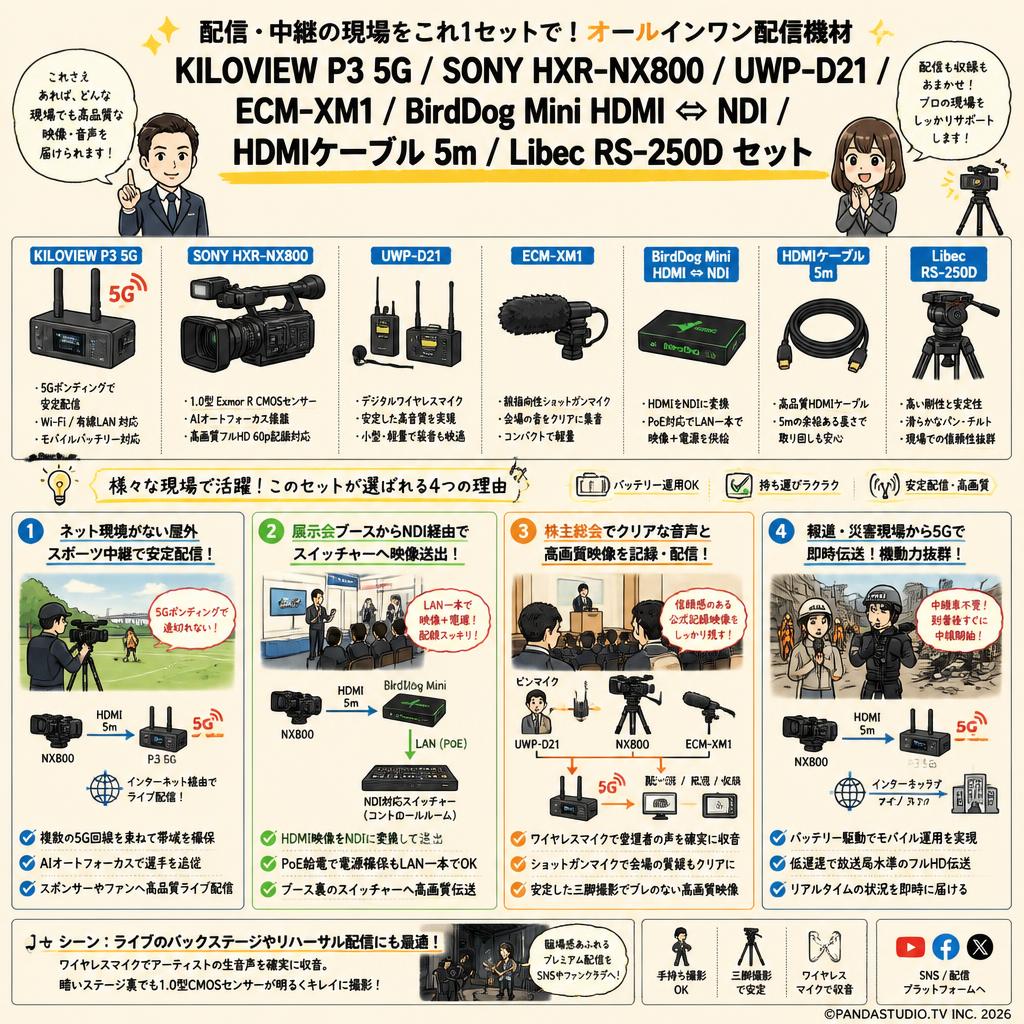 KILOVIEW P3 5G / SONY HXR-NX800 / UWP-D21 / ECM-XM1 / BirdDog Mini HDMI ⇔ NDI / HDMIケーブル 5m / Libec RS-250D  セット 用途