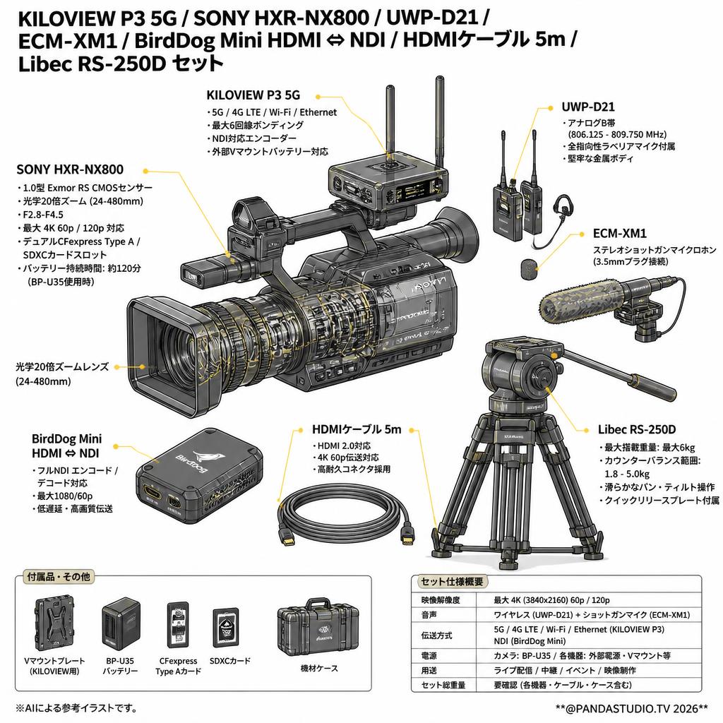 KILOVIEW P3 5G / SONY HXR-NX800 / UWP-D21 / ECM-XM1 / BirdDog Mini HDMI ⇔ NDI / HDMIケーブル 5m / Libec RS-250D  セット スペック
