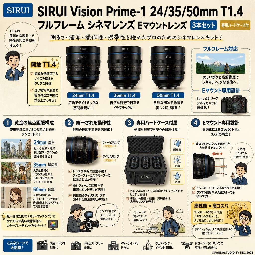 SIRUI Vision Prime-1 24/35/50mm T1.4 フルフレーム シネマレンズ Eマウントレンズ 3本セット 専用ハードケース 概要