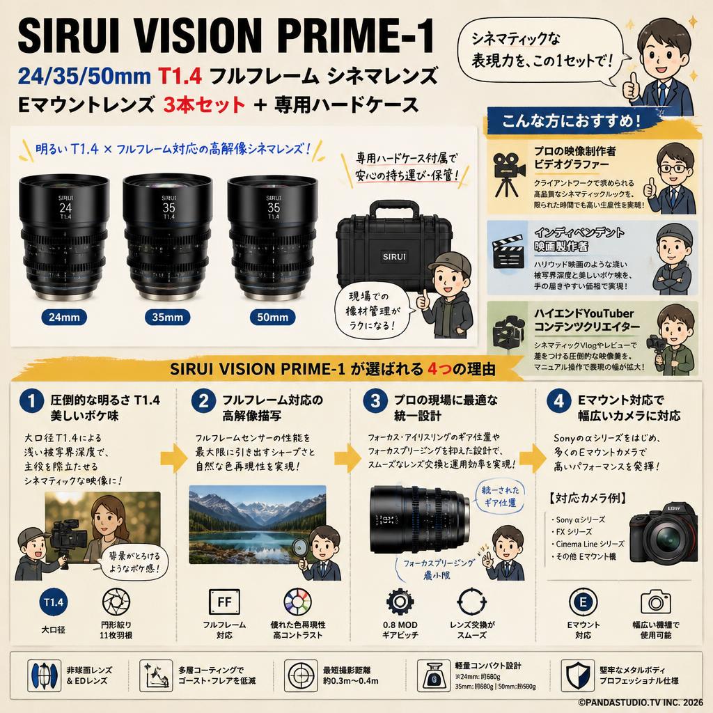 SIRUI Vision Prime-1 24/35/50mm T1.4 フルフレーム シネマレンズ Eマウントレンズ 3本セット 専用ハードケース おもな対象のお客様