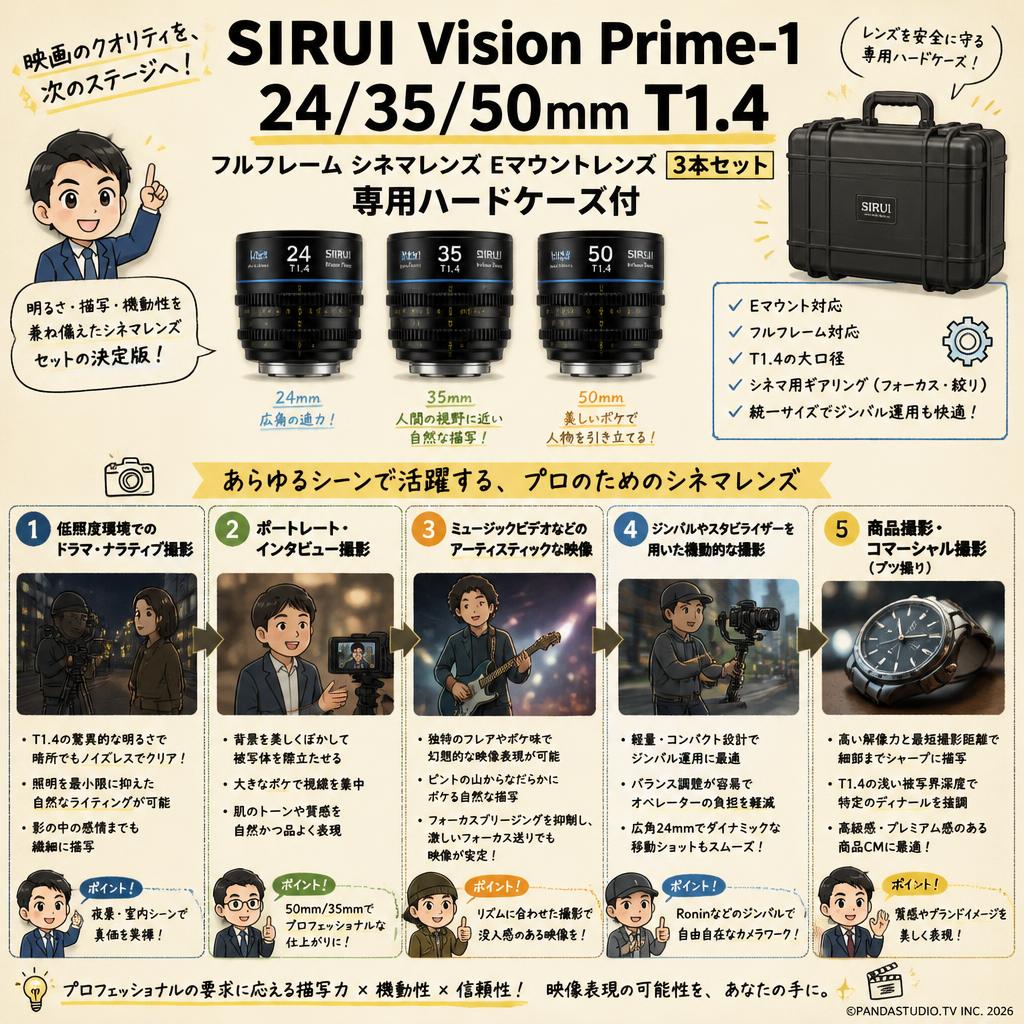 SIRUI Vision Prime-1 24/35/50mm T1.4 フルフレーム シネマレンズ Eマウントレンズ 3本セット 専用ハードケース 用途