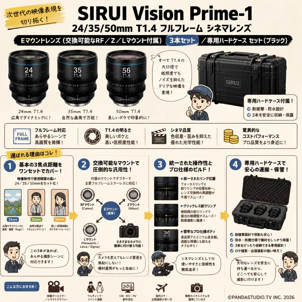 SIRUI Vision Prime-1 24/35/50mm T1.4 フルフレーム シネマレンズ Eマウントレンズ (交換可能なRF/Z/Lマウント付属）3本セット / 専用ハードケース セット（ブラック） 概要