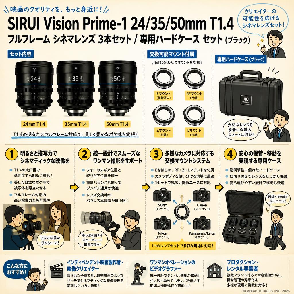 SIRUI Vision Prime-1 24/35/50mm T1.4 フルフレーム シネマレンズ Eマウントレンズ (交換可能なRF/Z/Lマウント付属）3本セット / 専用ハードケース セット（ブラック） おもな対象のお客様