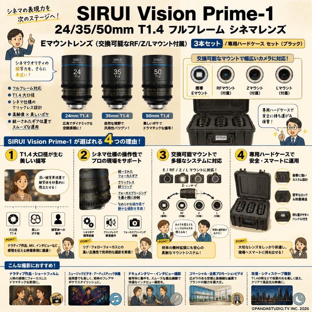 SIRUI Vision Prime-1 24/35/50mm T1.4 フルフレーム シネマレンズ Eマウントレンズ (交換可能なRF/Z/Lマウント付属）3本セット / 専用ハードケース セット（ブラック） 用途