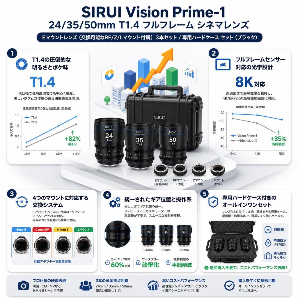 SIRUI Vision Prime-1 24/35/50mm T1.4 フルフレーム シネマレンズ Eマウントレンズ (交換可能なRF/Z/Lマウント付属）3本セット / 専用ハードケース セット（ブラック） セールスポイント