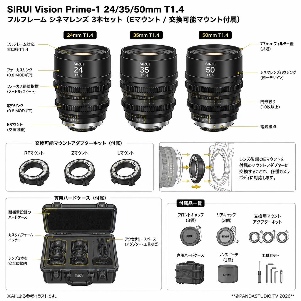 SIRUI Vision Prime-1 24/35/50mm T1.4 フルフレーム シネマレンズ Eマウントレンズ (交換可能なRF/Z/Lマウント付属）3本セット / 専用ハードケース セット（ブラック） スペック